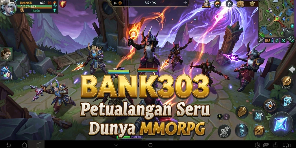 Screenshot utama BANK303 menampilkan pertarungan seru dan pemandangan dunia fantasi.