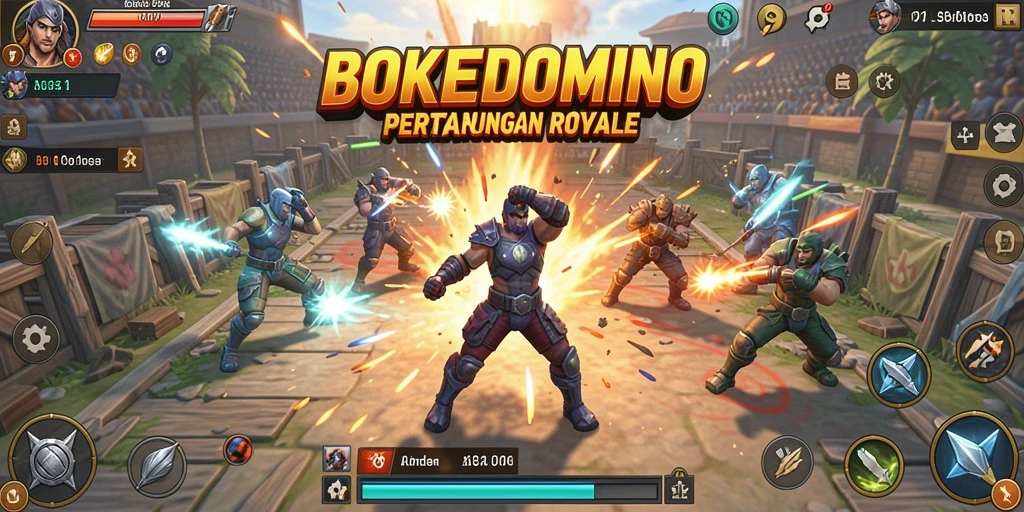 Gameplay BOKEDOMINO yang seru dalam pertarungan Battle Royale.