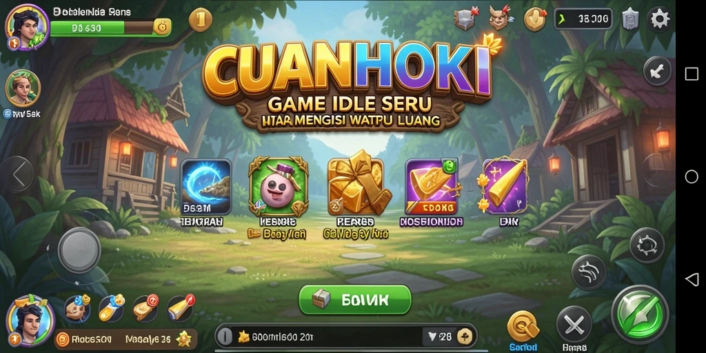Tampilan screenshot utama CUANHOKI menampilkan karakter yang sedang menghasilkan sumber daya dalam game Idle.