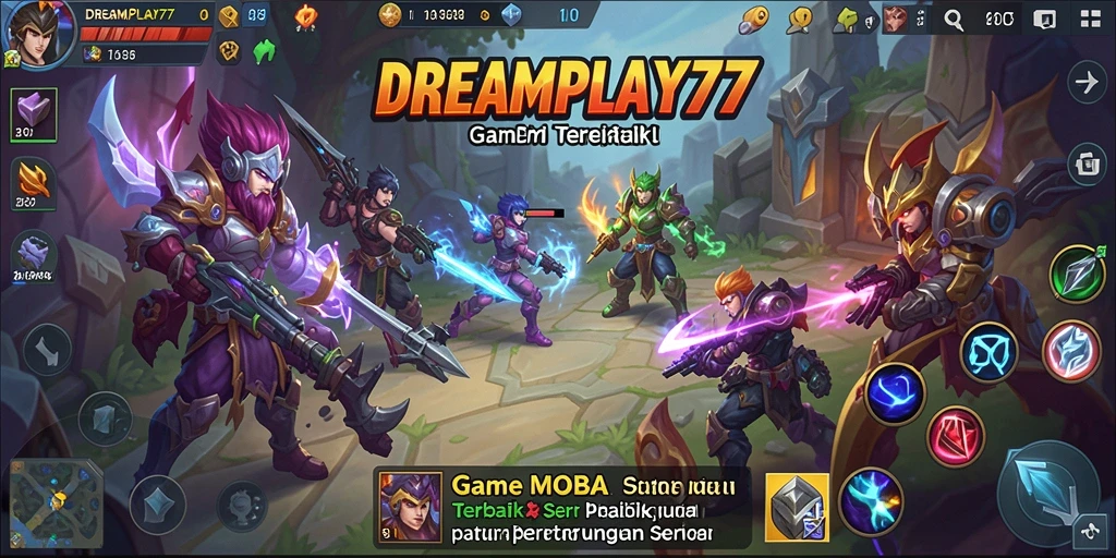 Screenshot utama <strong>DREAMPLAY77</strong> menunjukkan aksi pertarungan yang mendebarkan di arena MOBA.
