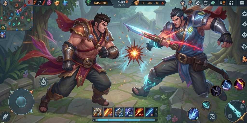 Screenshot gameplay KASTOTO yang menunjukkan pertempuran tim yang intens.