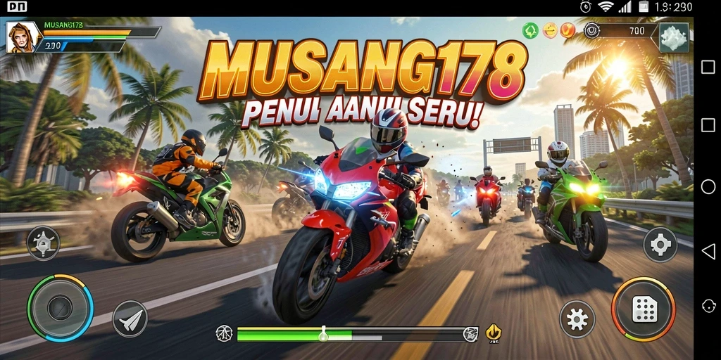Screenshot gameplay yang menampilkan aksi balapan motor yang mendebarkan.
