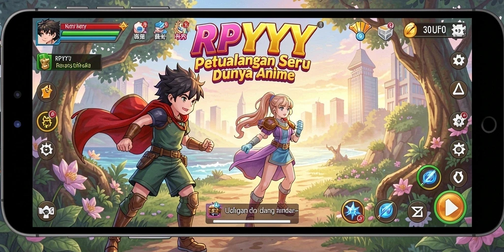 Tampilan gameplay menakjubkan dengan karakter anime yang ikonik.