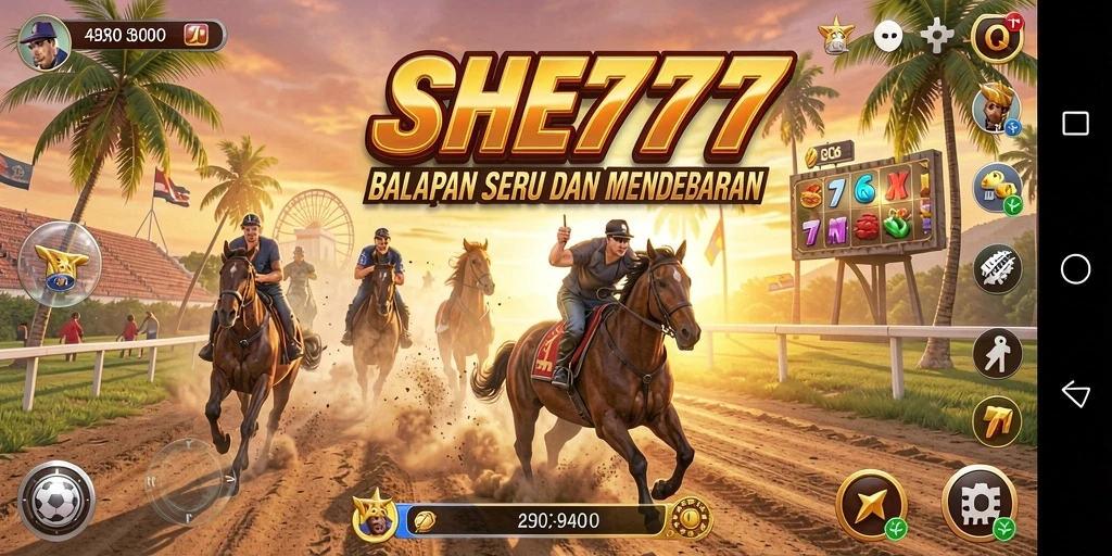 Screenshot menunjukkan aksi balapan cepat di SHE777 dengan mobil kustom.