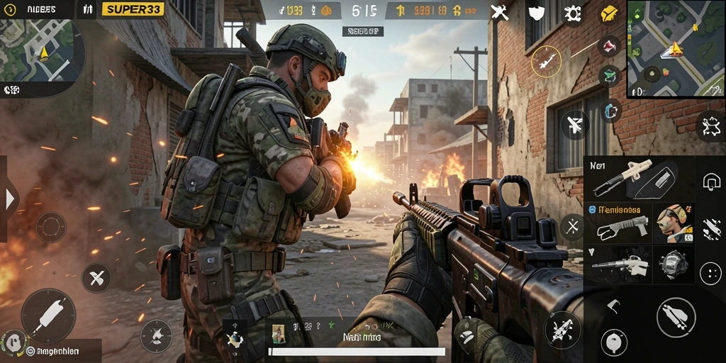 Screenshot tampilan gameplay penuh aksi dalam SUPER33.