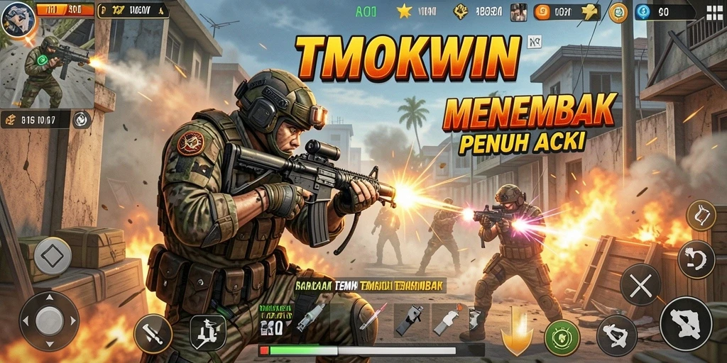 Screenshot utama TMOKWIN menampilkan aksi tembak menembak yang mendebarkan.